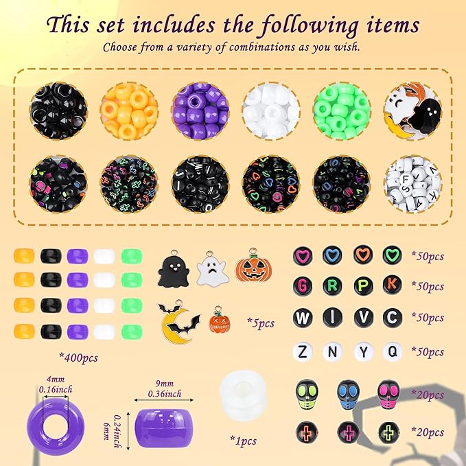 XIANNVXI 10Colours Halloween Pony Letter Beads Set Friendship Bracelet Making 640pcs Orange Purple Green White Letter Pony Beads Bulk