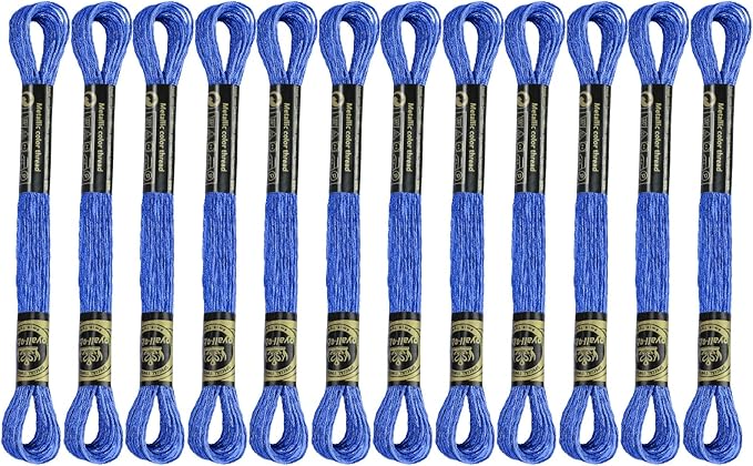 12 Skeins Embroidery Floss, Deep Blue Metallic Embroidery Thread Polyester Cross-Stitch Threads for Hand Embroidery String Art DIY Creation