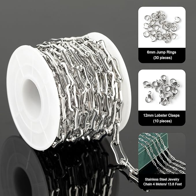 UMAOKANG 13 Feet Stainless Steel Chains for Jewelry Making Oval Paperclip Chain Roll Jewelry Making Chains with Jewelry Findings