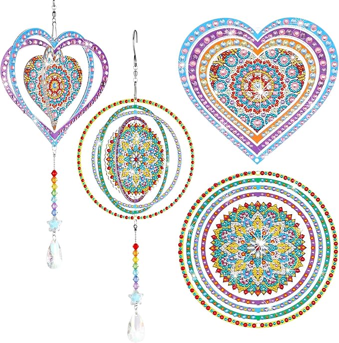 Queekay 2 Pieces 3D Diamond Painting Wind Chime Diamond Art Suncatcher Kits Three Dimensional by Number Hanging Ornament Double Sided Crystal Suncatcher Window Decor for Home Wall Garden(Heart)