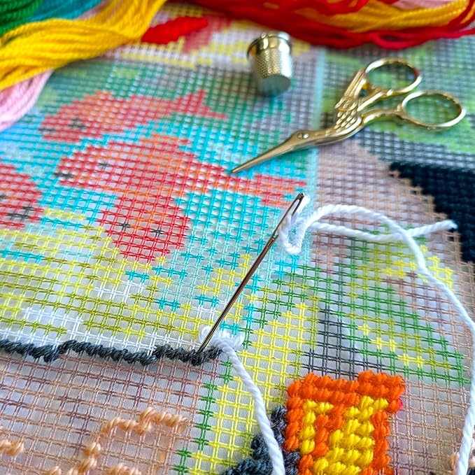 Artistic Stamped Cross-Stitch Kit for Adults and Beginners — Red Fish by Henri Matisse 16″ × 16″ with Clear, Precise Printed Design on Cotton Canvas; Includes 2 Needles, Yarn, and Easy-Read Chart