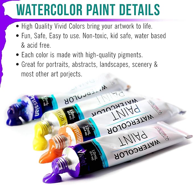 U.S. Art Supply 24-Color Water Colors Paint Set, 12ml Professional Watercolor Tubes, Vibrant Pigments - Water Colors Paint Adult Set for Artists