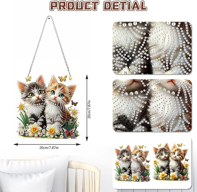 KEYIFA Cats Diamond Painting Kit, DIY Flowers Diamond Art for Adults, Diamonds Pendant Special Shaped Rhinestone Window Hanging Ornaments Home Garden Wall Door Decoration, 20cm Width
