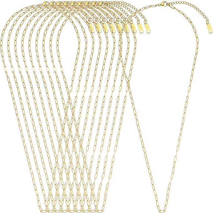 Swyabi 10 PCS Gold Plated Necklace Chains Bulk 18Inch Stainless Steel Paperclip Chain with Extender for Jewelry Making