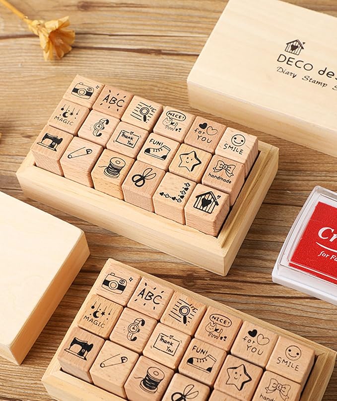 18pcs Routine Deco Theme Wooden Rubber Stamps Kit, Cute Small Stamps for Decorative Diary Planner DIY Craft Scrapbook Card Making Letters Journal