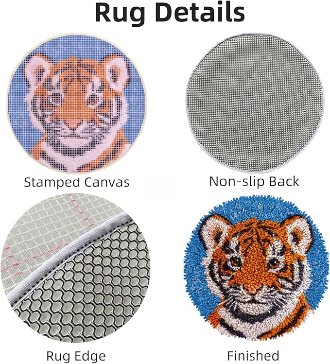 Latch Hook Rug Kit A Cartoon Baby Orange Tiger Portrait Easy for Beginners Children Round Carpet Crochet Yarn Craft Mini Rug DIY Hook and Latch Tapestry for Home Decor 30x30cm(2)
