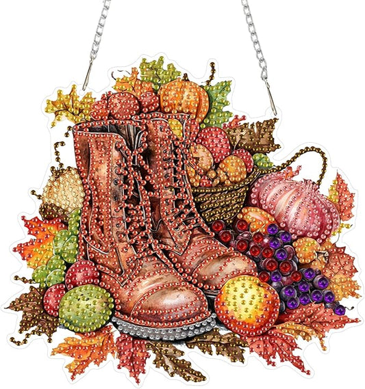 RICUVED Diamond Art Hanging Kit for Adult, Autumn Special Shaped Crystal Gem Craft Diamond Painting Pendant Kit for Adults Beginners, Boots DIY Hanging Diamond Art Ornament Kit for Home Garden