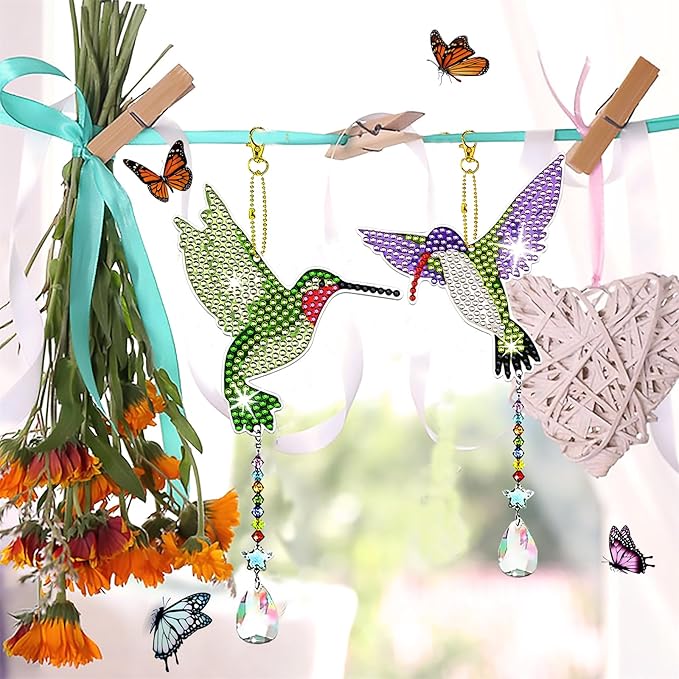 6 Pcs Diamond Painting Wind Chimes Rhinestone Hummingbird Diamond Art Suncatcher Double Sided 5D DIY Diamond Painting Kits for Adults Christmas Ornament Best Gifts for Mom
