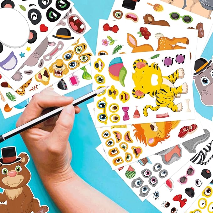 48 sheets make your own safari animal stickers for kids ages 3+, make-a-face stickers, jungle & zoo party favors supplies, classroom teacher reward