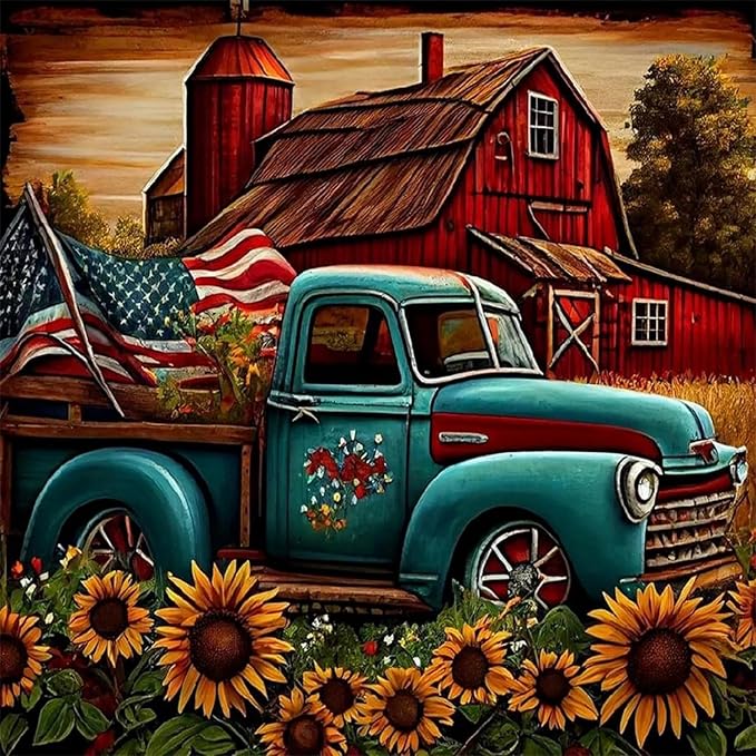 Diamond Art Kits for Adults Truck, DIY 5D Diamond Painting Kit for Beginners Farm, Sunflower Full Round Drill Gem Art Dots for Adults, Diamond Dots Paintings Crafts Home Wall Decor 14X14 Inch