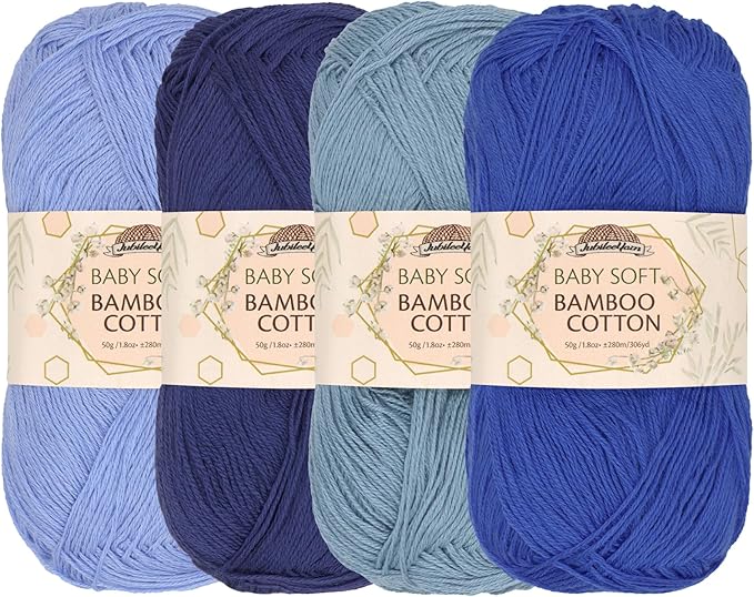 JubileeYarn Baby Soft Bamboo Cotton Yarn - 50g/Skein - Shades of Blue - 4 Skeins