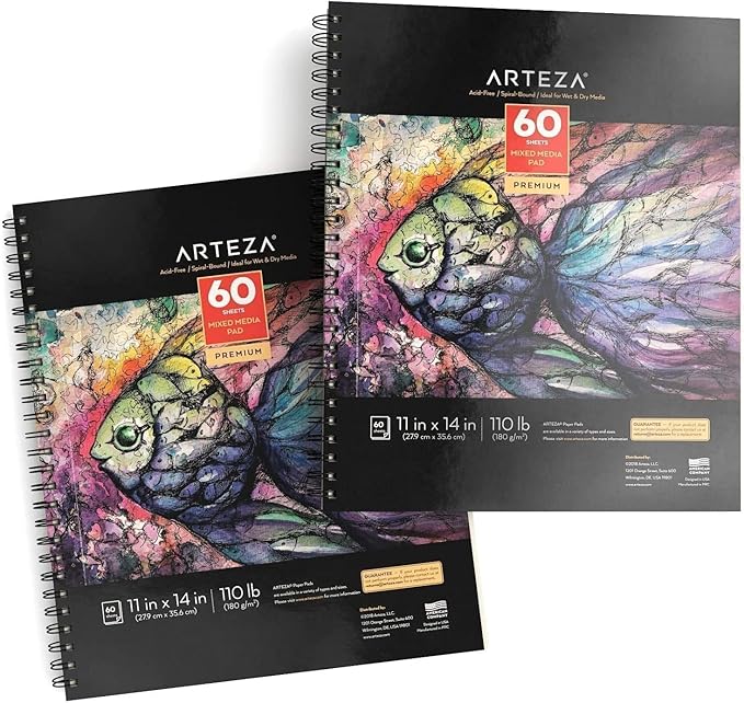 ARTEZA Mixed Media Sketchbook, 11x14 Inches – 2-Pack, 60 Spiral-Bound Sheets, 110 lb Acid-Free Paper for Wet & Dry Media: Acrylic, Ink & Pencil