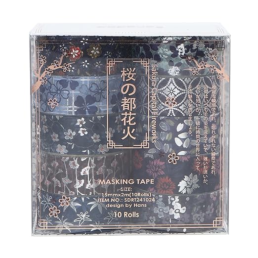 10 Rolls Sakura Washi Tape Set Japanese Arts Adhesive Tapes Gold Silver Foil Decorative Masking Tape Sets for Craft, Kids, Scrapbook, DIY, Gift Wrapping (Sakura Nightfall)