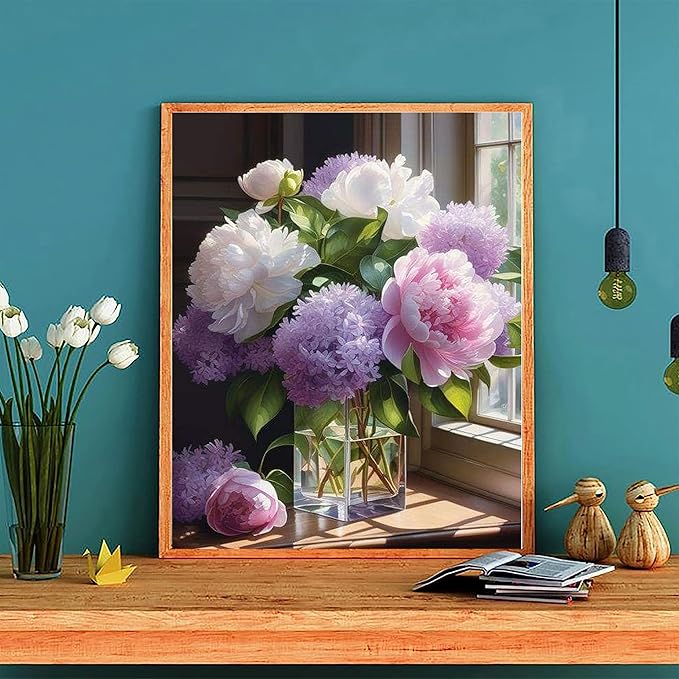 Peony Paint by Numbers for Adults with Framed Canvas-with Wooden Easel,Paint by Number on Canvas Vase Flowers,DIY Acrylic Oil Painting Kits with Brushes Nice Gift Box for Home Wall Decor(12x16inch)