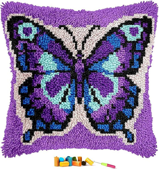 EMISTEM Latch Hook Kits for Adults - Latch Hook Pillow Kits, Crochet Yarn Kit for Beginners, Cross-Stitch Embroidery Cushion Cover Case with Printed Canvas. (Purple Butterfly,17x17 inch)