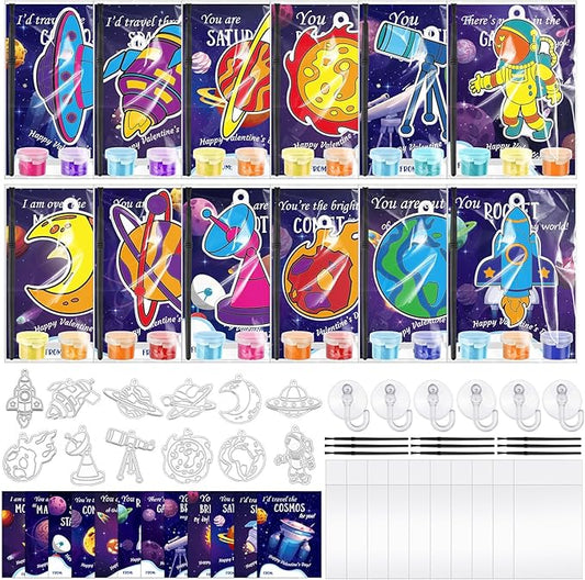 Geelin 24 Sets Galaxy Solar System Suncatchers DIY Paint Window Art Craft Kits, Outer Space Planet Rocket Sun Catchers for Home Decor, Birthday Space Party Favor Gift, VBS 2026 Craft Activities
