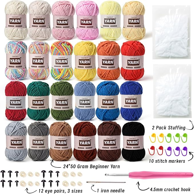 24 Pack Chenille Velvet Yarn - Baby Yarn for Crocheting Soft - Amigurumi Yarns Set with 1200g(1574yd) Crochet Yarns Crochet Hook、Stitch Markers、Fluffy Stuffing、Accessories B
