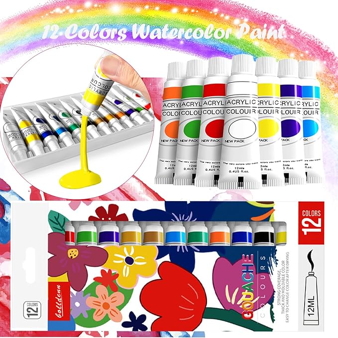 Pocket Wooden Paint Palette with Metal Clip, Water Colour Paints Sets with Sketchbook & Water Pen for Painters,Artists,Beginner (Rose-12 Colors, S-8 Grids)