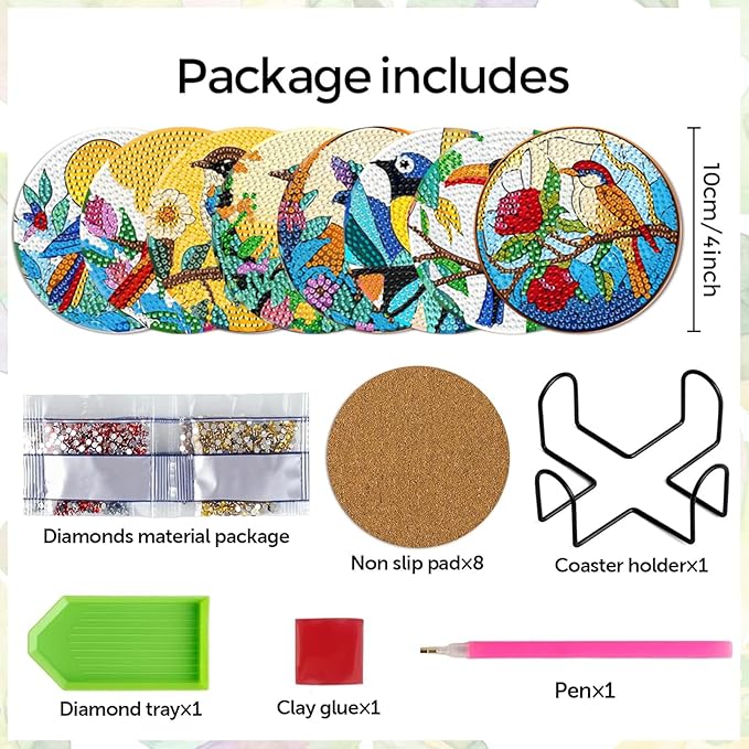 EWJRNSF 8 PCS Small Diamond Art Coasters Kits, Diamond Painting Coasters, Fall Diamond Art Kits for Adults Beginners, Arts and Crafts Item Sets with Holder for Drinks Bird Style