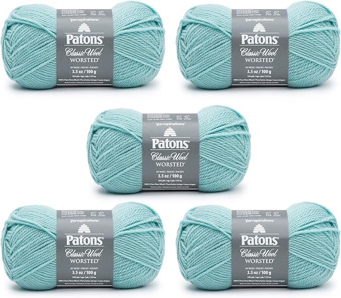 Patons Classic Wool Duck Egg Blue Yarn - 5 Pack of 3.5oz/100g - Wool - 4 Medium - 210 Yards - Knitting/Crochet