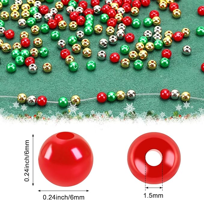 UPINS 1200Pcs Christmas Pearl Beads, Red Green Gold Silver Round 6mm Pearl Beads for Making Christmas Holiday Party Decoration Beads DIY Crafts Supplies