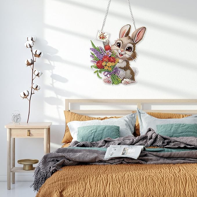 HEIBAGO Easter Bunny Diamond Art Hanging Kits for Adults, Diamond Art Suncatchers Rabbit, 5D Special Shape Diamond Painting Pendant, DIY Window Ornament Gifts for Home Garden Door Wall Decor 8.3x8.3In