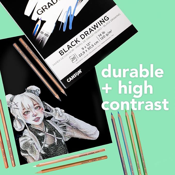 Canson Graduate Black Drawing Pad, Foldover, 9x12 inch, 20 Sheets | Artist Paper for Adults and Students - Drawing, Sketching and Art Journaling