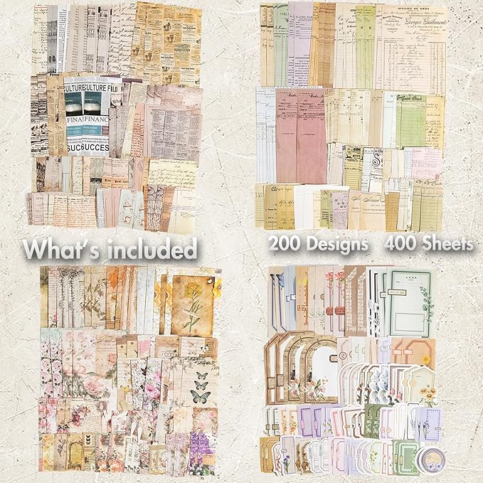 okupan scrapbook paper, 400 sheets of journaling supplies for vintage crafts planner bullet junk journal supplies mixed media collage card album embellishments