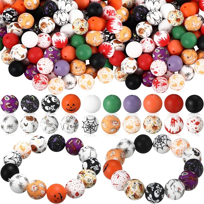 Ferreve 120 Pcs 15mm Silicone Beads Bulk Silicone Beads Print Rubber DIY Bracelet Making Kit for Keychain Making Pens Necklace Jewelry(Halloween)