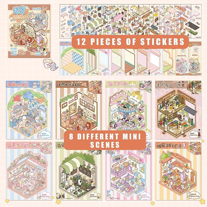 HYINUS 3D Sticker Scene Book for Adults, 36 Sets Large Size DIY House Stickers with Tweezer, Stress Relief Craft, Creative Christmas Gift (36 Set)