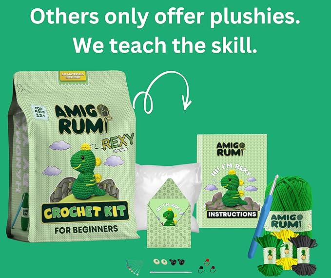 Amigo Rumi Cute Dinosaur Beginners Crochet Kit - Learn How to Crochet Starter Kit - 3+ Hour Video Tutorials & Crocheting Book - Easy to Stitch Yarn - Amigurumi Stuffed Animal for Kids 12+ & Adults