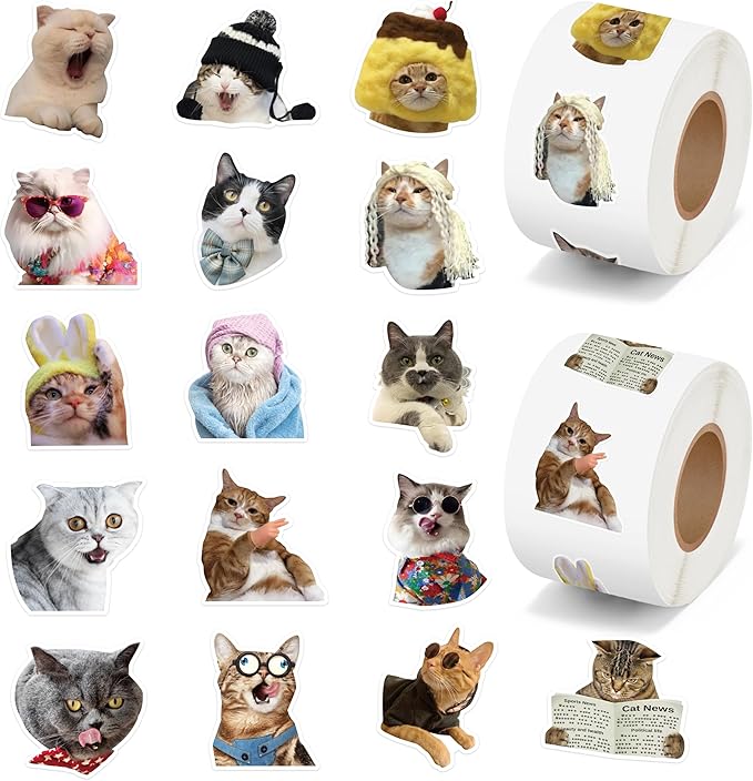 h1vojoxo funny cat sticker rolls - 1000pcs cute cat stickers for kids 16 designs waterproof cats stickers for water bottles laptop scrapbook crafts envelopes gifts cute animal sticker for cat lovers