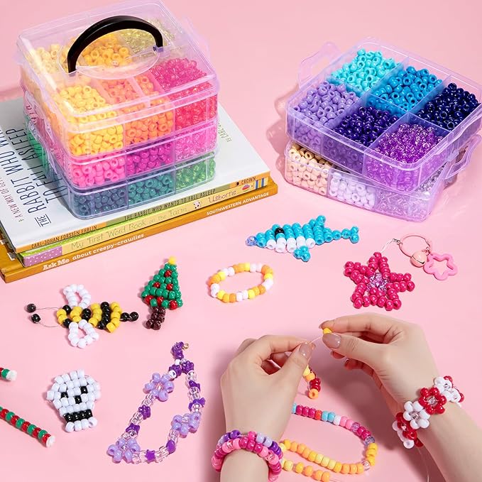 Simetufy 6000Pcs Pony Beads, 30 Colors 6x9MM Kandi Beads Bulk for Crafts Bracelet Making Hair Braiding Jewelry Key Chains DIY Crafts Christmas Gifts (3.44lb, Stack Box)