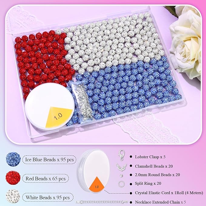 Dowarm 255PCS 10mm Rhinestone Beads for Baseball Rhinestone Necklace Bracelet Jewelry Making, Round Polymer Clay Beads for Crafts Beaded Pen, DIY Shamballa Pave Disco Ball Bead, White|Ice Blue|Red