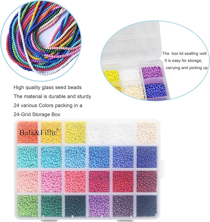 Bala&Fillic Size 3mm Seed Beads About 8400pcs in Box, 8/0 Round Glass Seed Beads for Making Bracelet Necklace Earring Jewelry (About 350pcs/Color, 24 Colors)