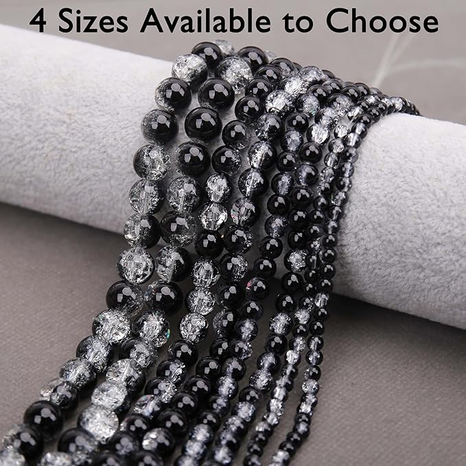 200PCs 8mm Black Crackle Glass Beads Bulk, Round Smooth Hole Glass Crystal Beads for Jewelry Making, DIY Bracelets, Necklaces, Bag Charms, Keychains and Craft Projects