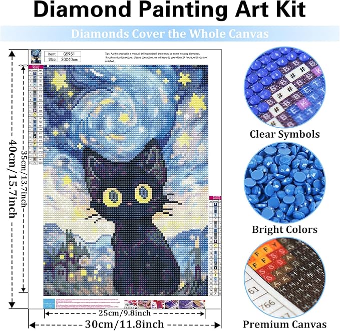 Reivworl Cat Diamond Art Kits for Adults, Cat Diamond Painting Kits, Gem Art Kit for Gifts and Home Interior Decor 12x16Inch