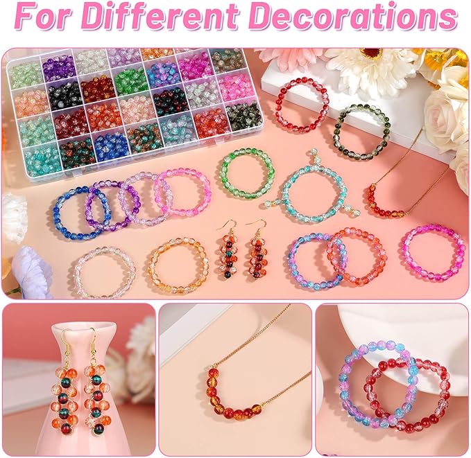 shynek 1400 Pieces 6mm Round Glass Beads for Bracelets, 28 Colors Bracelet Beads, Glass Crystal Beads for Jewelry Making, Bracelet Making and DIY Crafts(Crackle Color)