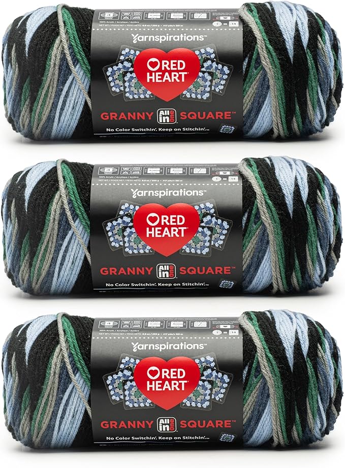 Red Heart All in ONE Granny Square Silver Sea Yarn - 3 Pack of 8.8oz/250g - 100% Acrylic - #4 Worsted (Medium) - 417 Yards - Knitting/Crochet