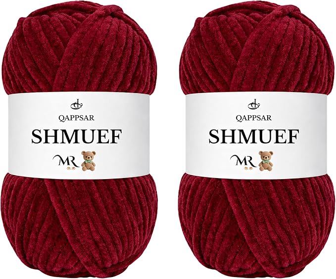 SHMUEF Chenille Yarn 2-Pack – Ultra Soft Velvet Yarn, Super Bulky Weight (5–6 mm), Yarn for Crochet, Amigurumi & Baby Blankets (Burgundy)