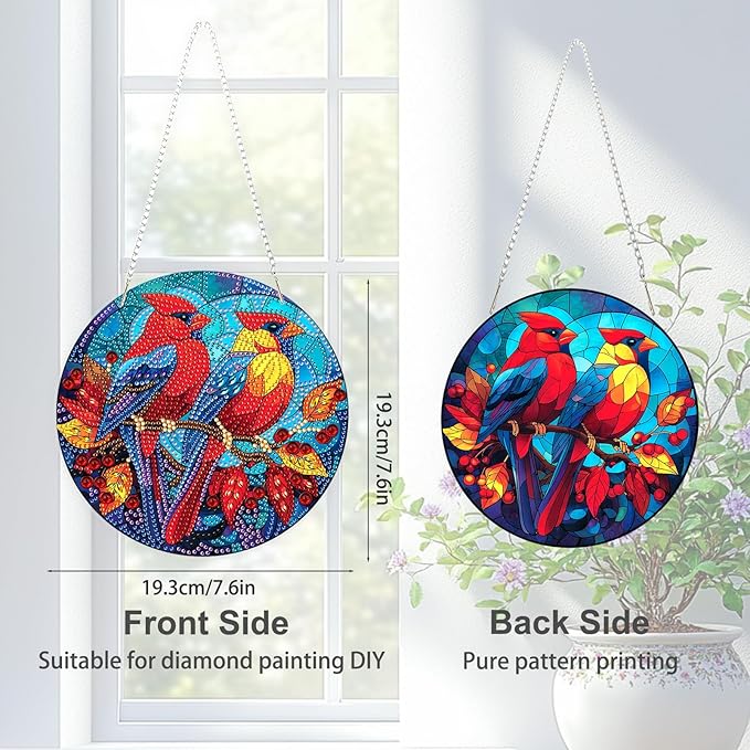 TOSTOG Diamond Art Hanging Kits for Adults, DIY Cardinal Diamond Painting for Adults Window Pendant, Special Shape Diamonds Cardinal Diamond Painting Hanging Pendant Kit for Wall Decor Gift