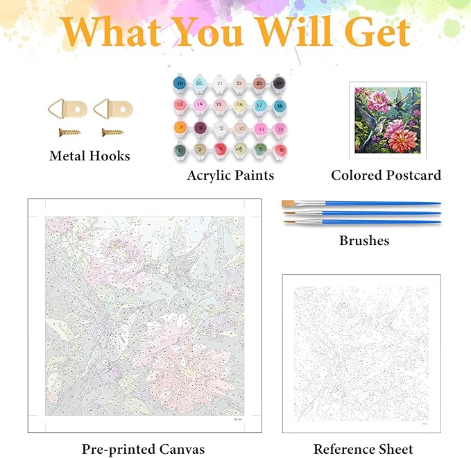Okarina Paint by Numbers Kit for Adults Beginner Hummingbird, Flower Adult Paint by Number Kits on Canvas, Bird DIY Acrylic Oil Painting by Numbers for Adults, Perfect for Home Wall Decor 16X16 Inch