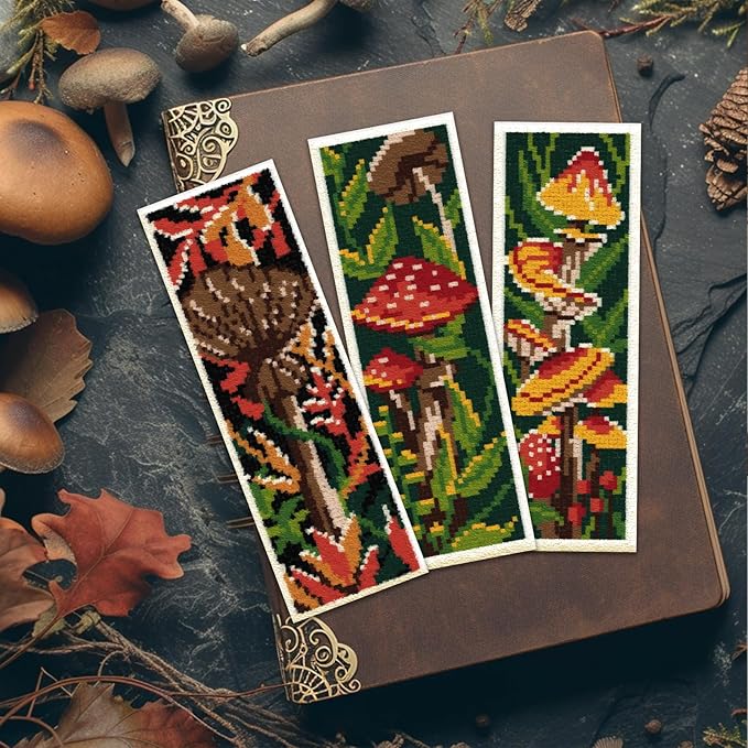ORIGACH 6 Pcs Cross Stitch Bookmark Kit for Beginner with Backing Felt Floss Instruction Mushroom Plants DIY Stamped Embroidery Bookmark Kit for Starter Adults Book Lovers