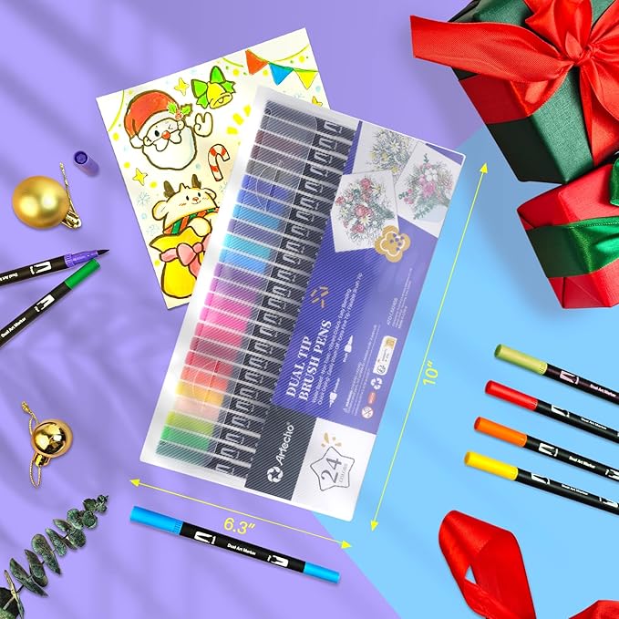 Artecho 24 Colors Markers for Adult Coloring Books, Dual Tip Markers for School, Fine and Brush Tip for Adults Coloring Books, Calligraphy, Drawing, Sketching