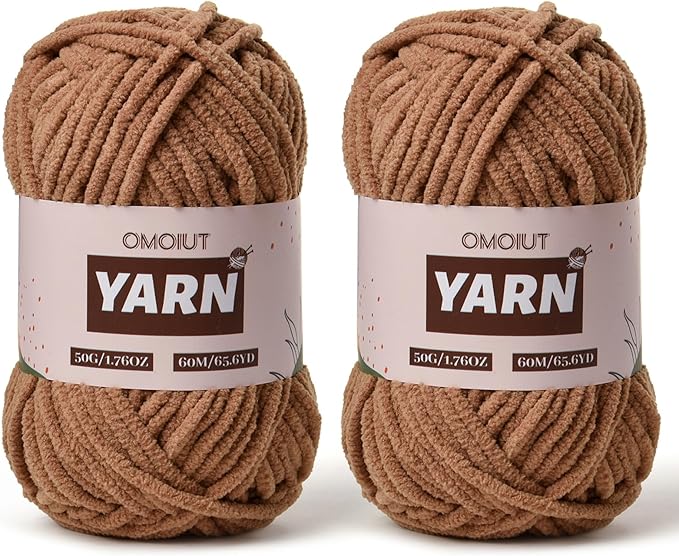2 Packs Plush Chenille Chunky Crochet Yarn - Baby Yarn for Crocheting Soft - Velvet Yarns Knitting for Blankets Crafts - Fluffy Amigurumi Yarns 100g/131yds (2 Light Coffee)