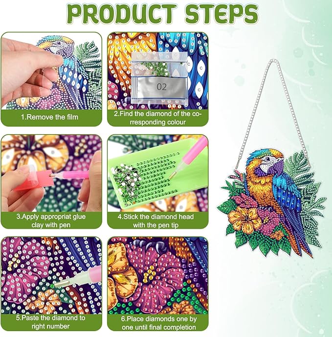RICUVED Hanging Diamond Art Painting Kit Parrot, Special Shaped Crystal Gem Craft Bird Diamond Painting Pendant Kit for Adults Beginners, DIY Hanging Acrylic Diamond Art Ornament Kit for Home Garden