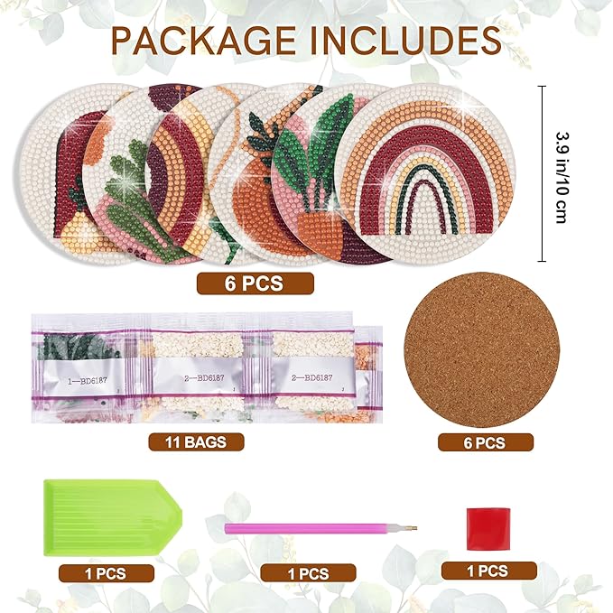 Temlum 6 Pcs Diamond Painting Coasters Kit, Abstract Plant Diamond Art Coasters for Beginners, Adults Small Diamond Painting Kit Art Craft Supplies