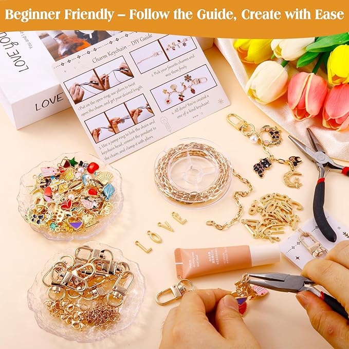 TOHONGADON 285 Pcs Keychain Making Kit, Bag Charm Kit with 92 Charms, 22 Keychain Clips, Key Ring Jewelry Plier, Extender Chain, Letter Beads for DIY Crafting and Jewelry Making