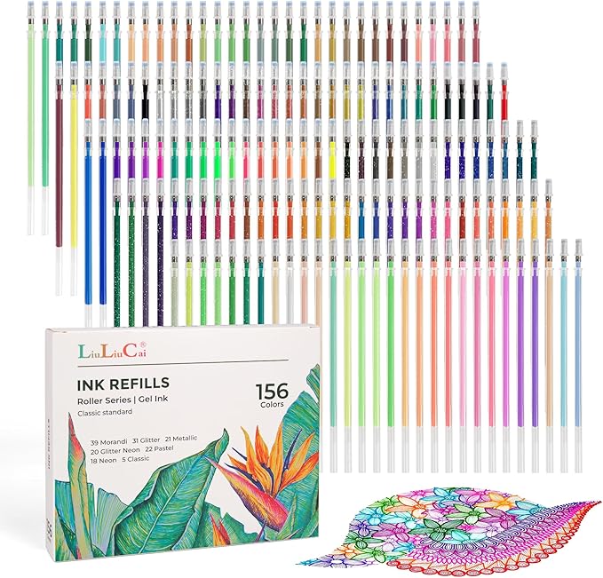 Glitter Gel Pen Refills, 156 Colors Gel Ink Pen Refills Replacements, Metallic Neon Ink Refills for Adults Coloring Book Drawing Doodling Journaling Art Supplies