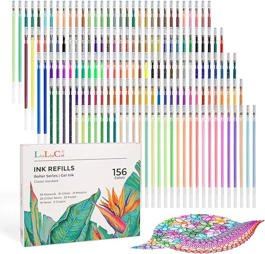 Glitter Gel Pen Refills, 156 Colors Gel Ink Pen Refills Replacements, Metallic Neon Ink Refills for Adults Coloring Book Drawing Doodling Journaling Art Supplies